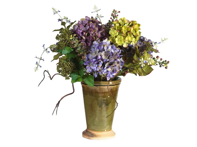 Composizione di fiori artificiali con ortensia