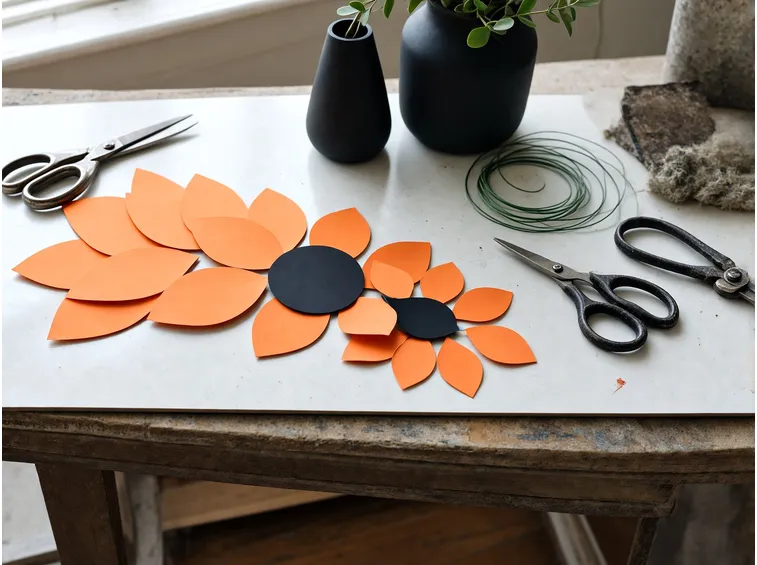 Petali di cartoncino e centro nero per un fiore a forma di zucca