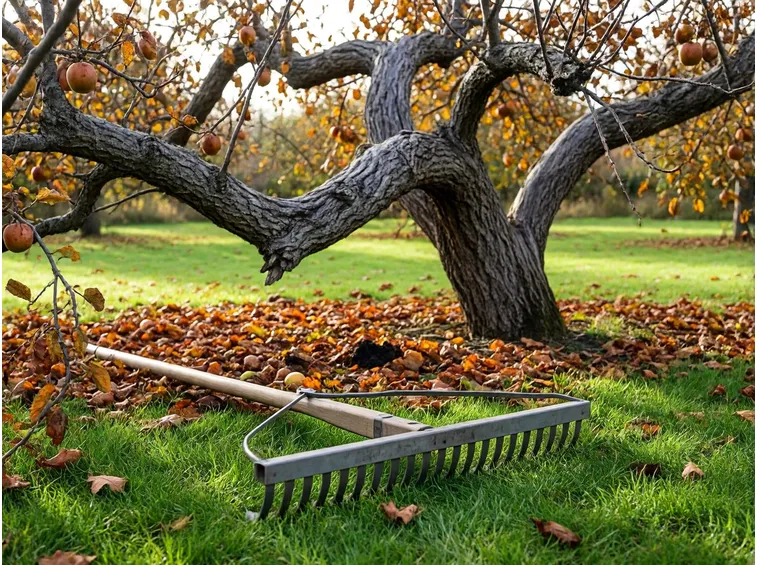 Pulizia del frutteto in autunno: foglie, frutti caduti e residui