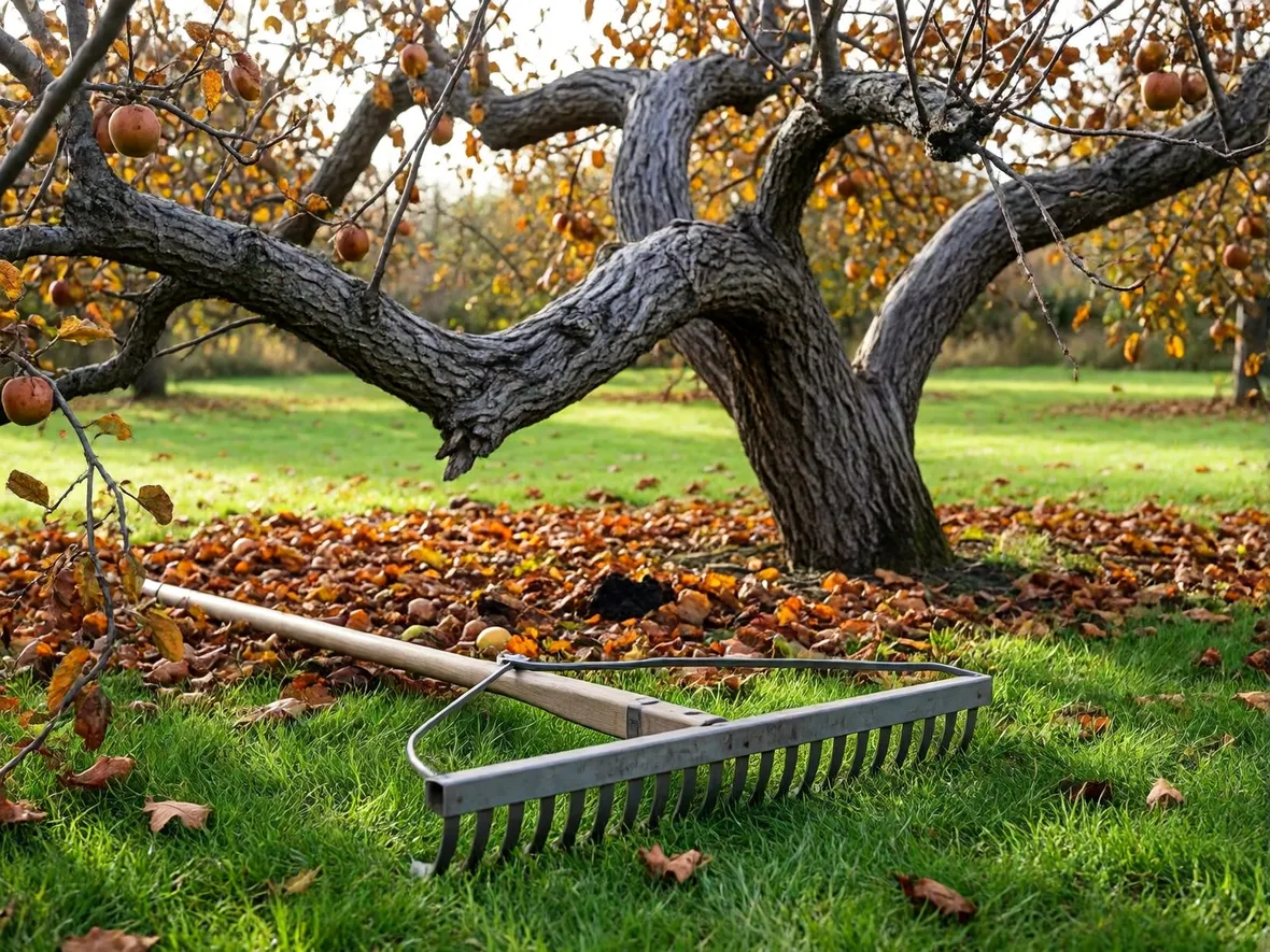 Pulizia del frutteto in autunno: foglie, frutti caduti e residui