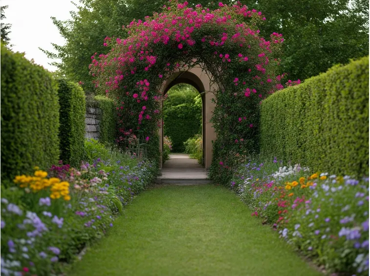 Giardino con piante di rosa