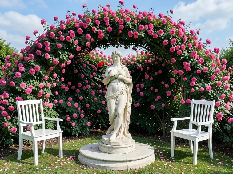 Giardino di rose con la statua della dea Venere